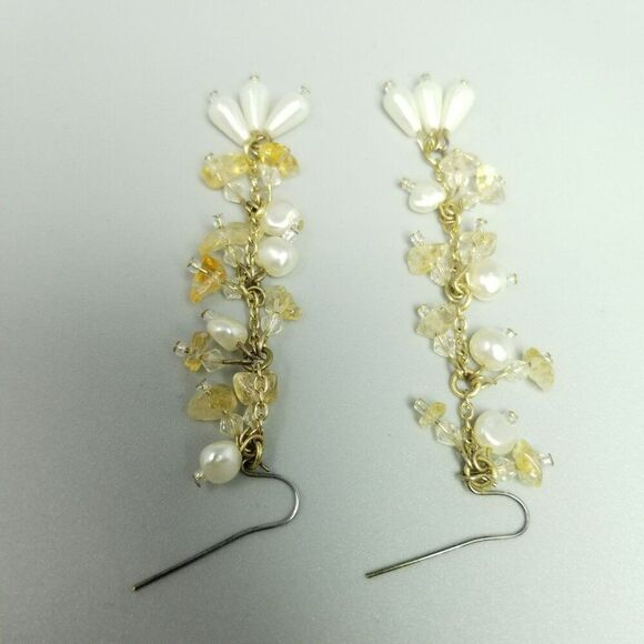 Vintage Long Beaded Dangle Earrings, Faux Pearl Citrine Chips, 3 Inches, Estate - Picture 3 of 6